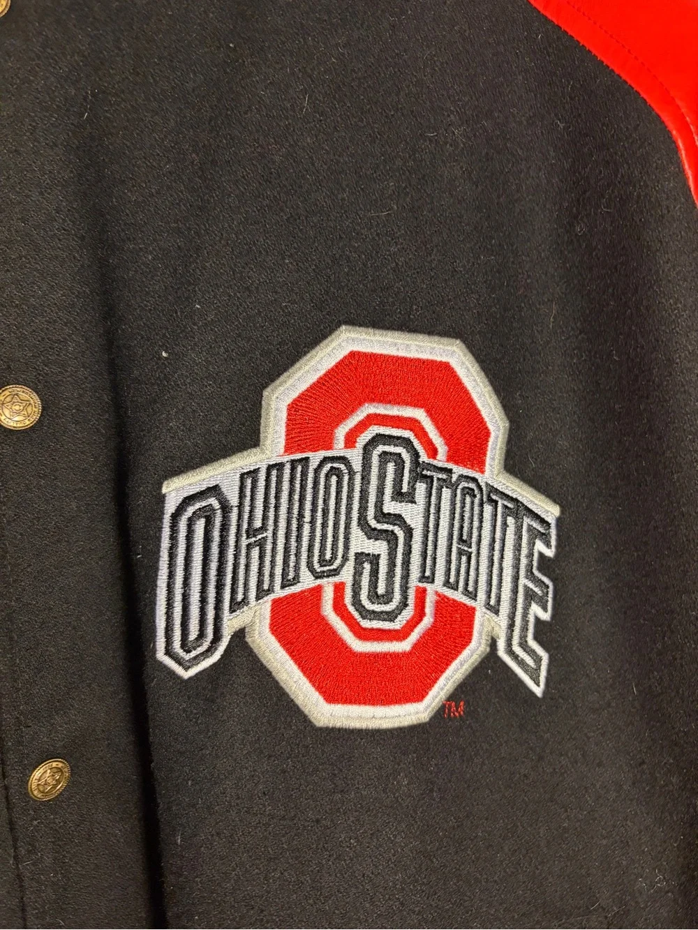 NCAA Ohio State Black and Red Varsity Bomber Jacket faux leather size xl